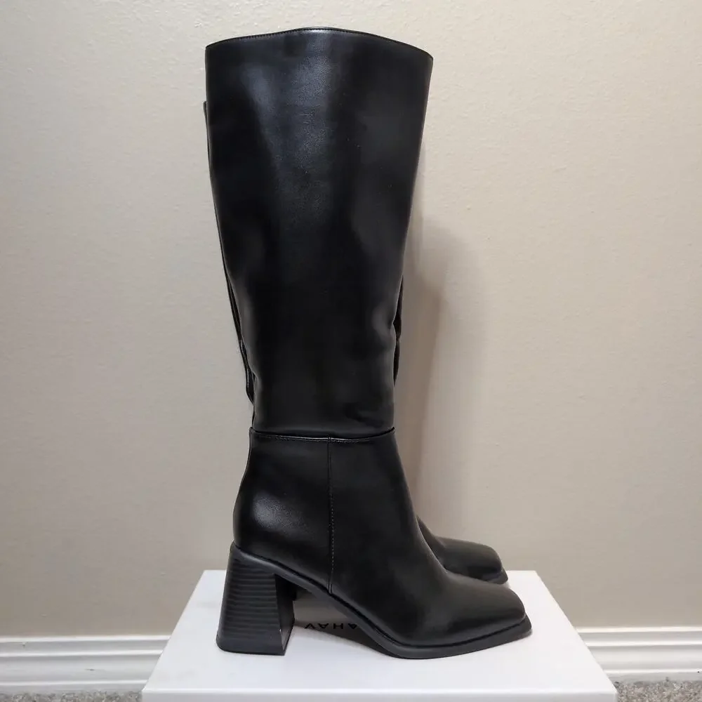 Black Square Toe Knee High Boots Minimalist